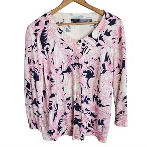 Talbots Lightweight Size Large Petite Bedazzled Geometric Swirl Print Cardigan